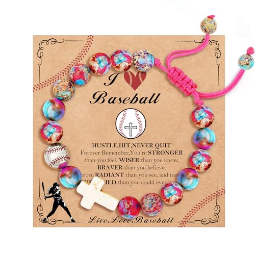 Image of Softball /Soccer /Volleyball /Basketball /Baseball /Football Sports Gifts for Girls Teens Natural Stone Beaded Cross Bracelets Christian Religious Game Day Jewelry Gift