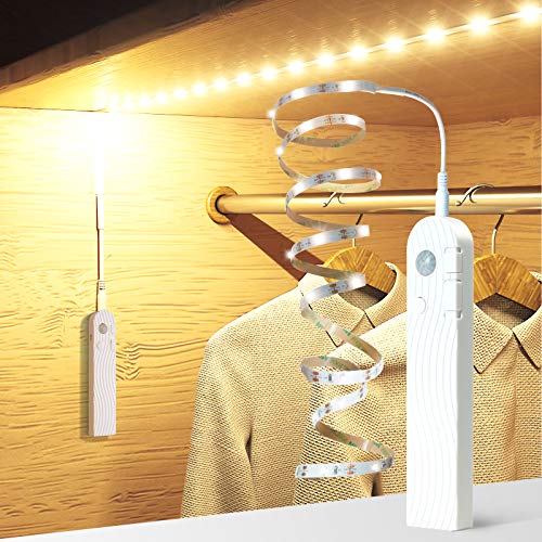 Sensky Motion Sensor LED Strip Lights Rechargeable Motion Activated Light Strip Dimmable Strip Light for Cabinet, Wardrobe, Cupboard, Hallway, Stairs(2M, Warm White)