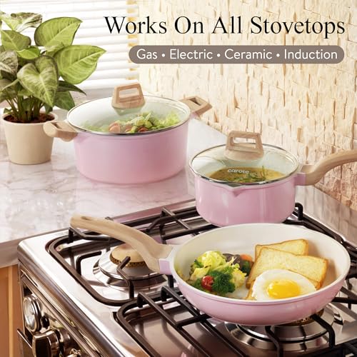 Image of CAROTE Ceramic Cookware Set, 14 PCS Pots and Pans Set Non Stick, Pot and Pan Set with Frying pan, Induction Ready Cooking Set for Kitchen, PFOS /PFOA /PFAS Free, Pink