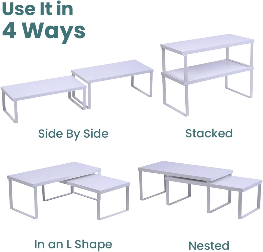 Sben Cabinet Organizer Shelf, Set of 2 Kitchen Counter Shelves, Kitchen Storage, Spice Rack, Stackable, Expandable, Metal and Engineered Wood, White