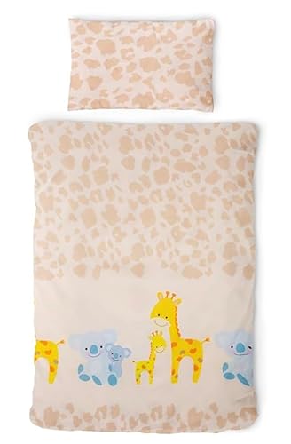 Gräfenstayn® 2-TLG. Kinderbettwäsche Set mit Tiermotiv und integriertem Reißverschluss - aus 100% Baumwolle (Renforce-Qualität) - Deckenbezug 135x100cm und Kissenbezug 60x40cm (Giraffe & Elefant)