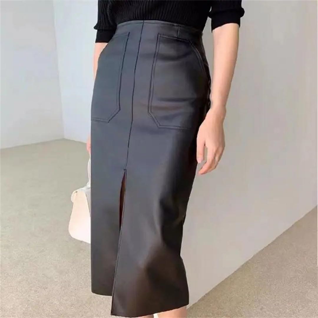 Alloaone Falda Midi De Cuero De PU para Mujer Bolsillo De Cintura Alta con Pliegue Informal Largo Dividido