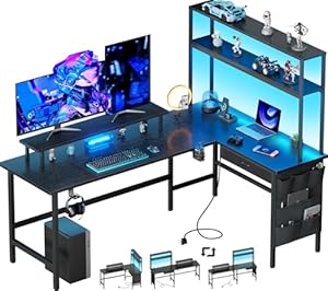 HLONONE Gaming Tisch, 170 x 100cm Eckschreibtisch mit 3 Steckdosen & 2 USB, Reversibel Gaming Schreibtisch L Form mit LED, Computertisch mit Schubladen & Monitorständer für Gaming, Homeoffice, Schwarz