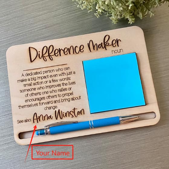 Engraved Customized Sticky Note Holder with Name, DJAFS Personalized Wooden Difference Maker Gifts for Women, Notepad Pen Holder, Decor Desk Organizer, Office 10th Anniversary Gift, Christmas Gifts