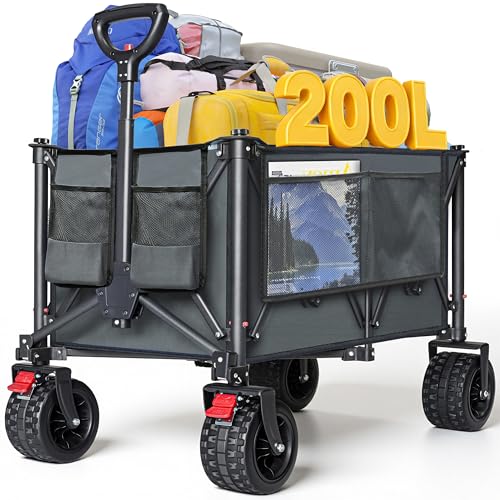 Bollerwagen Faltbar 200L 200KG, Faltbarer Bollerwagen mit Breiten Rädern, Strandwagen Klappbar mit Bremsen, Handwagen Grau