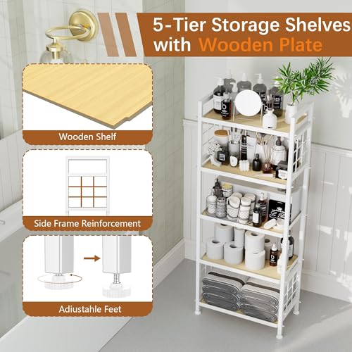 GIOTORENT 5-Tier Pantry Shelves with Wooden Boards, Heavy Duty Storage Shelves & Book Shelf, Adjustable Metal Shelving Unit for Kitchen Bathroom Laundry Organizer, Sturdy Rust-Resistant, White - Image 5
