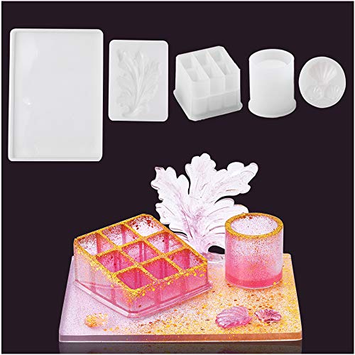 Resin Molds for Epoxy Crafts DIY, 5 Pcs Silicone Molds Set with 9-Slot Mold, Cylinder, Rectangle?Leaf, Shell, Molds for Coaster, Tray, Planter Pot, Flower Pot, Pen Holder
