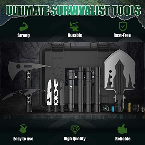 Pudhoms Survival Shovel Multitool – Survival Axe Hatchet 3Heads in1 Folding Military Tactical Shovel Survival Tools For Camping Backpacking Equipment Gear Emergency Kit Hiking Camping Knife