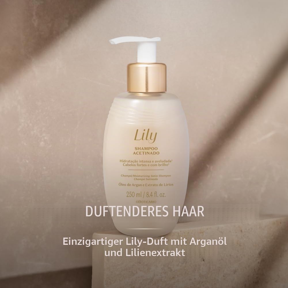 O Boticário Lily Geschenkset für die Haarpflege mit 3 Produkten, parfümiertes Satin-Shampoo, 250 ml, Conditioner 250 ml und Leave-In-Serum 100 ml