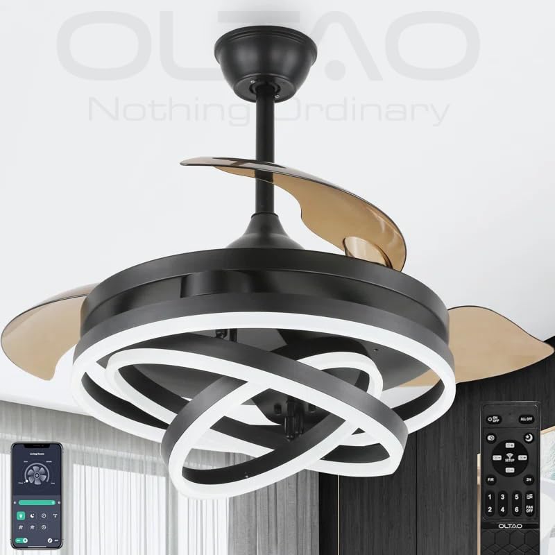 Image of OLTAO Enigma Modern 42-Inch Dimmable Chandelier Fan - Black | with Copper BLDC Motor & Retractable Blades | Summer-Winter Mode LED Light Fan with Remote & App Control - for Living Room