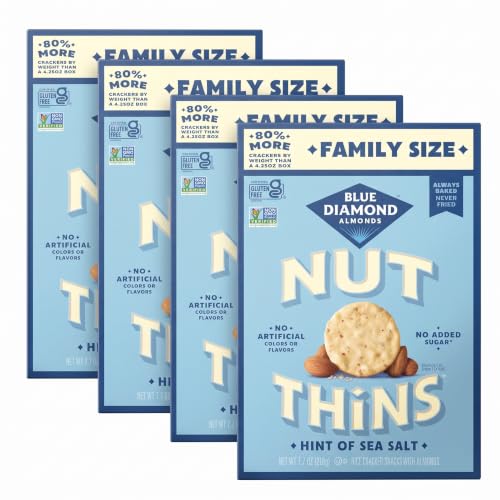 Blue Diamond Almonds Nut-Thins Gluten Free Cracker Crisps, Hint Of Sea Salt, Family Size, Sea Salt, 7.7 oz (Pack of 4)
