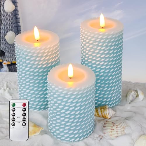 Image of Blue Flameless Candles, Rope Texture 3D Wick, Flickering Pillar Candles with Remote & Timer, 3 Pack