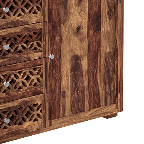 Image of SHIKHA WOOD CRAFT Solid Sheesham Wood Sideboard Cabinet with 2 Doors & 4 Drawers Storage | Wooden Kitchen Cabinet, Crockery Unit, Dining Room Organizer, Living Room Storage Furniture (Natural Finish)