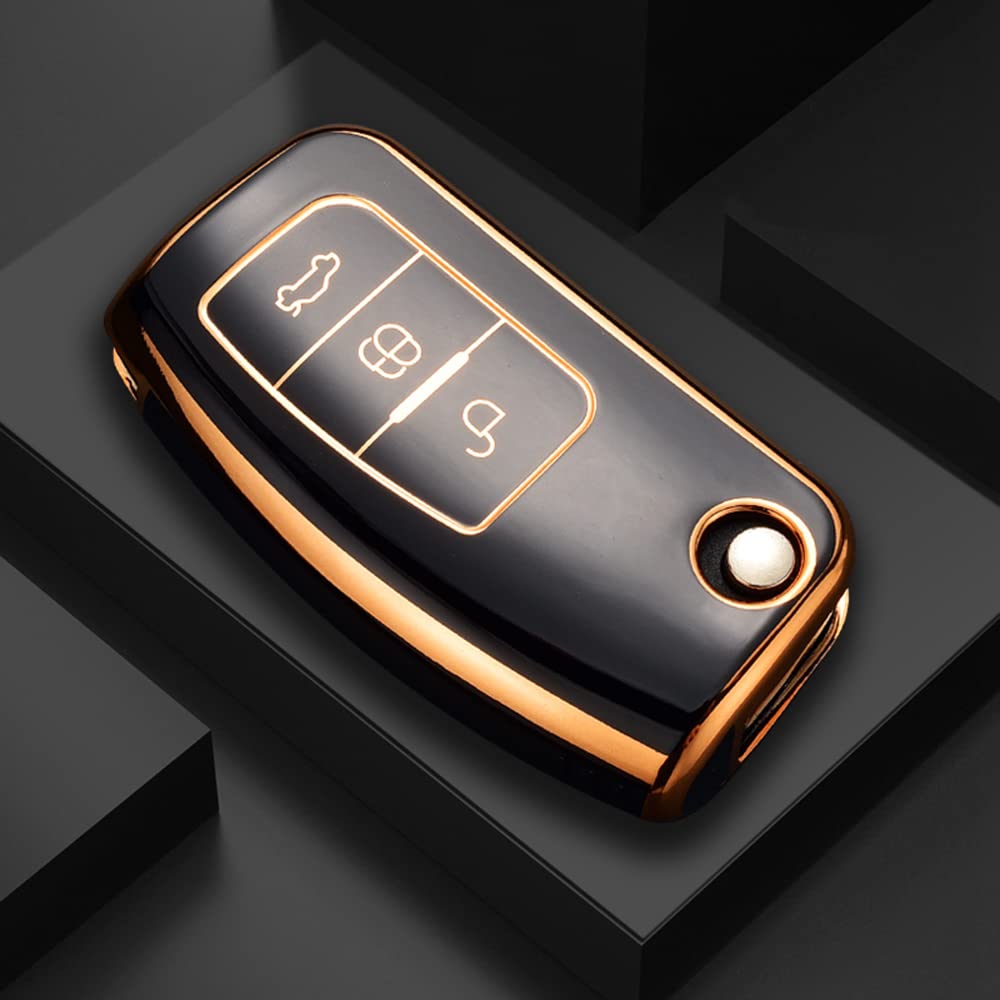 HIBEYO Custodia In Silicone TPU Per Chiave Ford – Protezione Anti Graffio Con Linea Dorata E Portachiavi (Nero)