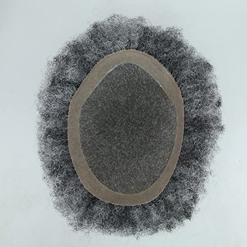 Zigzag Hair Afro Toupee For Black Men 1B Mix 50% Grey Fluffy Explosion Tight Afro Curly Mens Toupee Human Hair Short Hair Mono With Pu Men's Wig 8X10Inch Mens Hair Systems Hairpiece (1B Mix 50% Grey) #TOP1