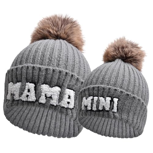 Image of Kunyeah 2PCS Parent-Child Beanie Hat Women Embroidery Knitted Hat Mama and Baby Matching Hats Winter Warm Cap with Pom-Pom