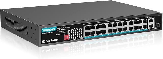 YuanLey 24 Port Gigabit PoE Switch with 2 Gigabit Ethernet Uplink, 1 SFP Port, 400W PoE+ Port Support 802.3af/at, Fanless Unmanaged Network Switch with AI Watchdog, VLAN, Extend to 300m, Super Quiet
