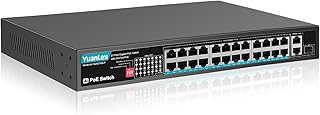 YuanLey 24 Port Gigabit PoE Switch with 2 Gigabit Ethernet Uplink, 1 SFP Port, 400W PoE+ Port Support 802.3af/at, Fanless Unmanaged Network Switch with AI Watchdog, VLAN, Extend to 300m, Super Quiet