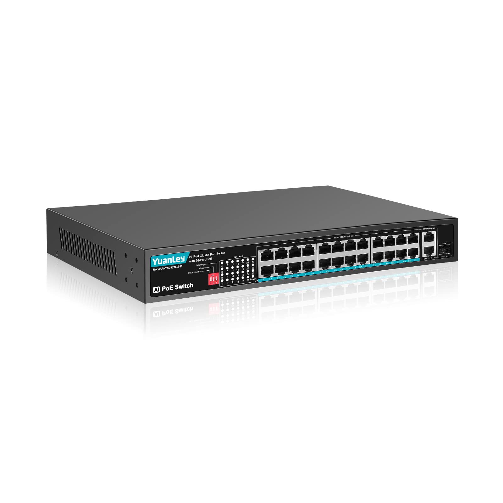 YuanLey 24 Port Gigabit PoE Switch with 2 Gigabit Ethernet Uplink, 1 SFP Port, 400W PoE+ Port Support 802.3af/at, Fanless Unmanaged Network Switch with AI Watchdog, VLAN, Extend to 300m, Super Quiet