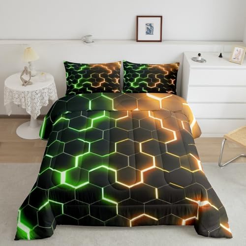 Castle Fairy Honeycomb Comforter Set Twin Size,Geometry Hexagon Green Orange Neon Lights Bedding Set for Kids Boys Men,3D Geometric Style Design Quilted Duvet Set with 1 Pillowcase