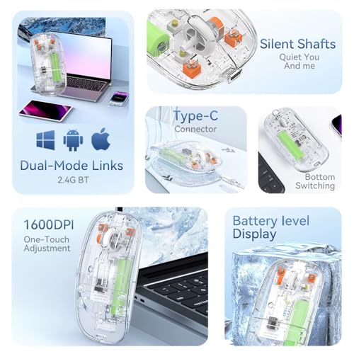 Image of Wayona Clearclick Transparent Slim Wireless Mouse - Magnetic Cover, 3-Mode (Dual Bluetooth + USB), Rechargeable, One-Click Desktop, for MacBook /pc /iPad /Laptop