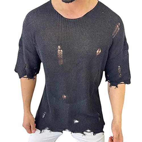 T-shirt tricoté homme manches courtes streetwear ample punk destroy