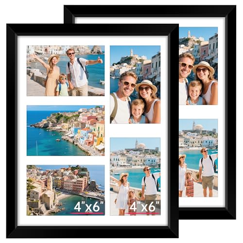 FIXSMITH 11x14 Picture Frames Collage Wall Decor Display 5 Pcs 4x6 Photos with Mat or 1 Pack 11x14 Poster without Mat 4x6 Multiple Picture Frames Family Collage Picture Frame 2 Pack Black Frames