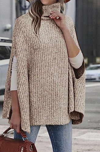 KIRUNDO Women's 2025 Fall Winter Turtleneck Poncho Sweater Fashion Chunky Knit Cape Wrap Sweaters Pullover Jumper Tops3