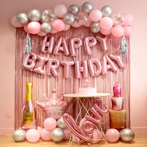 Happy Birthday Banner & Decorations for Women Pink Balloon Party Set with Rose Gold Balloons Fringe Curtains Letter Balloons Backdrop Birthday Supplies for Girls