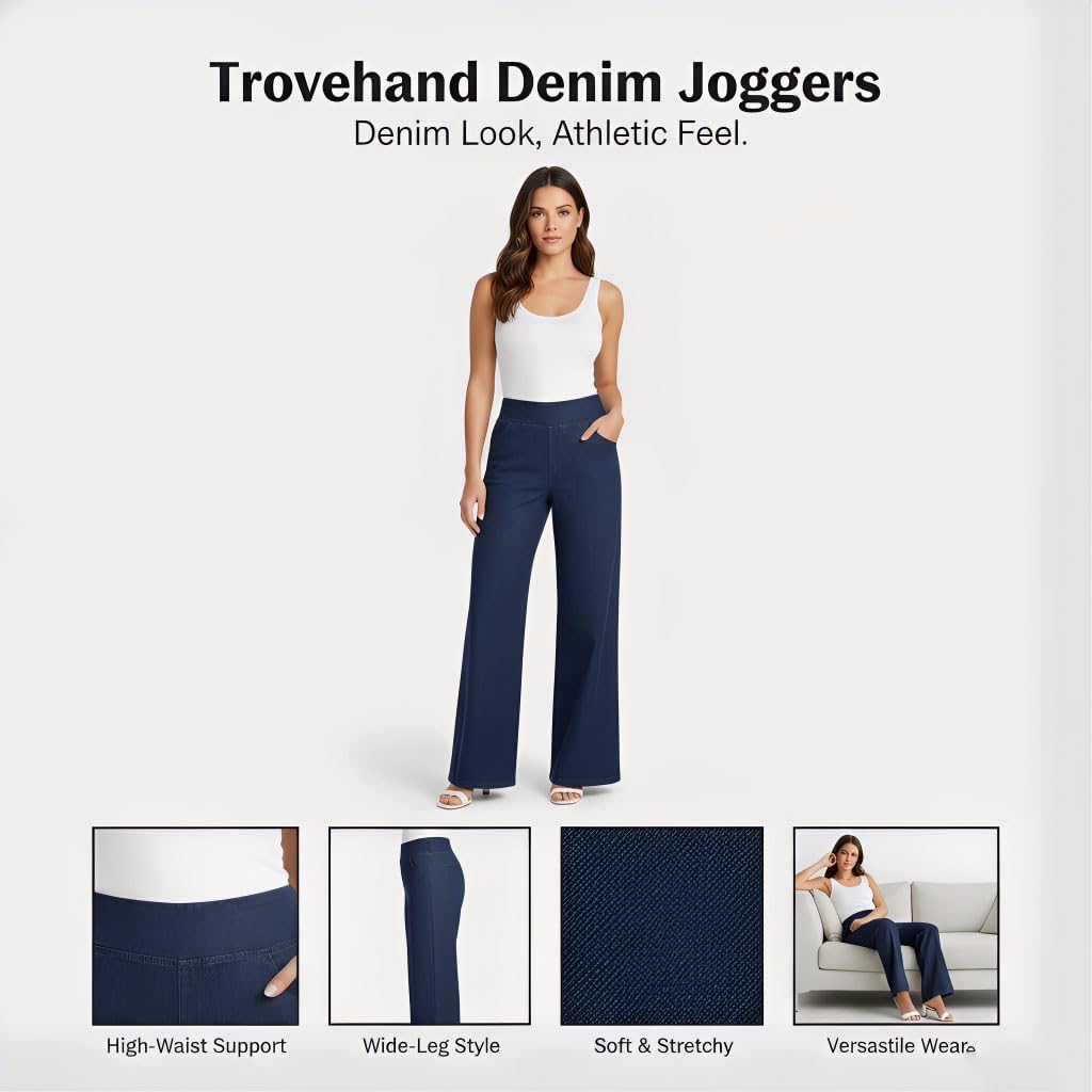 Trovehand Women’s Sweatpants that Look Like Jeans – High Waisted Stretchy Jean Sweatpants with Pockets, Wide Leg Denim