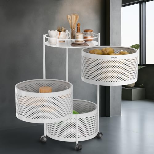 Image of Amazon Brand - Solimo 360 Revolving Preassembled Portable 3 Layer Round Multipurpose Storage Kitchen Rack Carbon Steel Fruit Vegetable & Spice Trolley with Wheels for Kitchen Organizer(Matte, White)