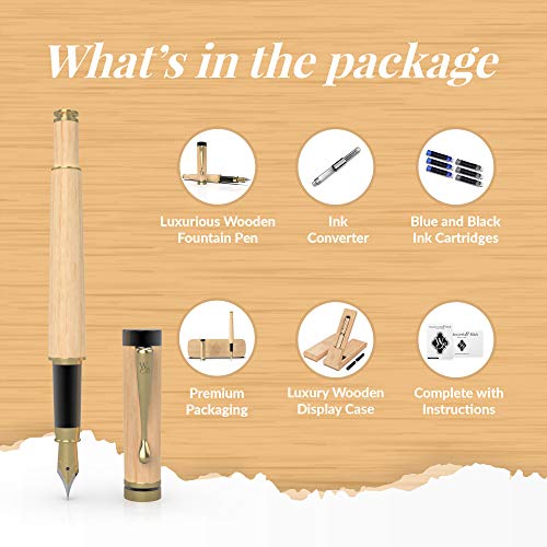 Wordsworth & Black's Fountain Pen Set, Luxury Bamboo Wood - Medium Nib, Display Case; Includes 6 Ink Cartridges, Ink Refill Converter -Journaling, Calligraphy, Drawing, Smooth Writing [Maple Wood] #TOP4