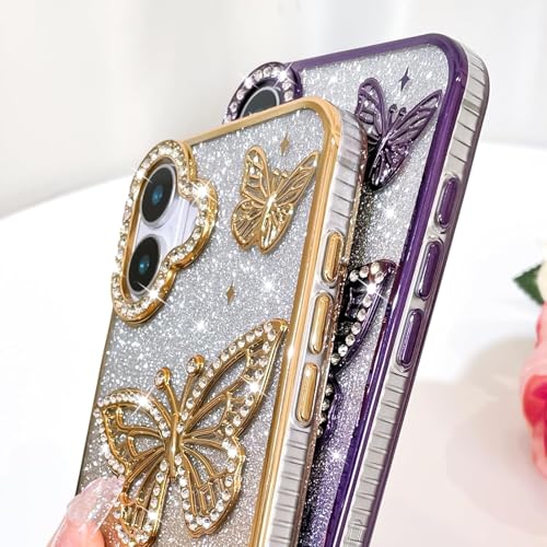 Image of VONZEE Electroplated Butterfly Case Compatible with iPhone 17, Pearlescent Diamond Sparkle Soft TPU Cover, Shockproof Drop Protection, Camera Lens Guard Stylish Phone Case for Women & Girls, Black