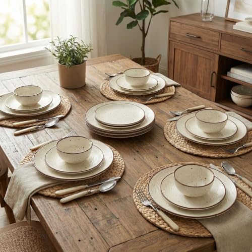 Image of Freakway Dinner Set, Ceramic Dinnerware with Brown Rim, Speckled Beige Design, 18 Pieces