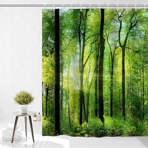 Yeele Nature Landscape Shower Curtain Green Trees Forest Bathroom Curtains Spring Sunrise Jungle Themed Scenery Waterproof Bathtub Decor with Plastic Hooks,72x72in Cover