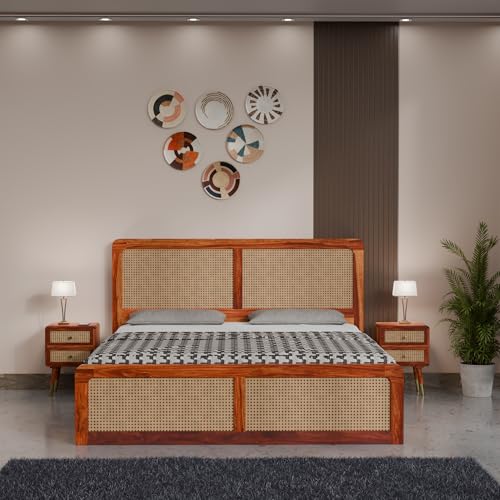 Image of DRIFTINGWOOD Amber Solid Sheesham Wood King Size Bed with Box Storage | Rattan Cane Headboard & Footboard | Carved Edges | Honey Finish (Self Assembly Required)