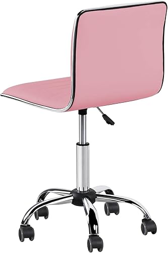 Miniatura 9 de Yaheetech Sillas de oficina ejecutivas de piel sintética acanaladas sin brazos con ruedas, sillas giratorias ajustables con respaldo bajo, color rosa