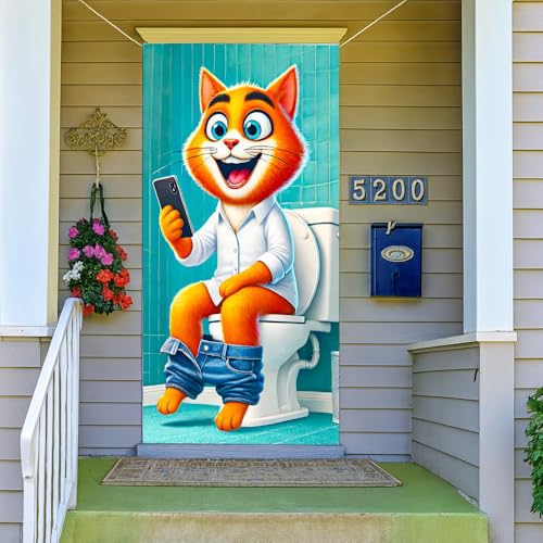 Image of Funny Cat Toilet Door Cover 35x71in Orange Tabby Humor
