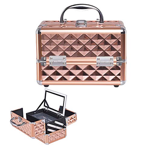 HOMASIS Trousse cosmétique avec miroir, trousse de maquillage portable avec 3 niveaux extensibles, mini trousse de beauté à coque rigide avec poignée et...