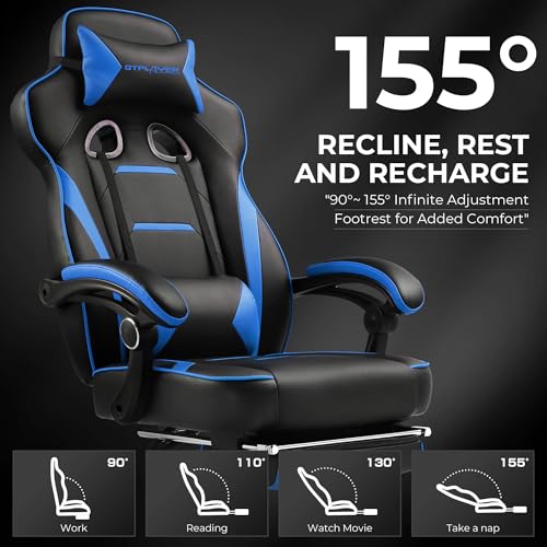 GTPLAYER Gaming Chair with Footrest, Big and Tall Game Chair 350lb Racing Style Computer Chair, Ergonomic Executive Office Chair High Back with Lumbar Support and Recliner, Blue
