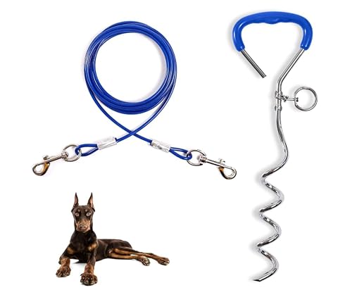 Ancrage en Spirale Bleu de 40 cm avec câble en Acier de 5 mm x 3 m - Ancrage au Sol à Visser - Force de Traction 80 kg - pour Chiots, Animaux domestiques et Chiens de Taille Moyenne - Accessoire pour
