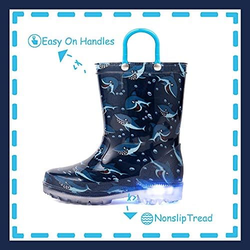 OUTEE Toddler Boys Rain Boots Little Kids Baby Light Up Printed Waterproof Mud Shoes Blue Shark Lightweight Rubber Adorable with Easy-On Handles Non Slip (Size 9,BLue) — view 3