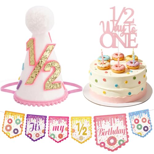 Atoden 1/2 Birthday Girl Hat Half Birthday Decorations Banner Cake Topper by Atoden - Used condition - US$8.99
