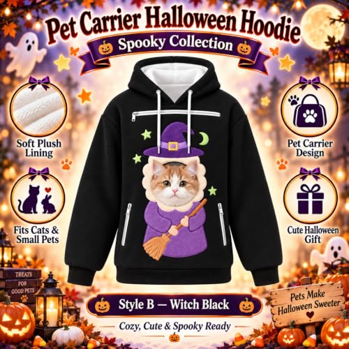 Halloween Cat Hoodie For Men,Pet Carrier Pouch Hoodies,Witch Cat Pullover - image 4