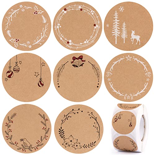 GEBETTER 500Pcs Pegatinas Kraft Regalo Navidad, 4 cm Redonda, Etiquetas Adhesivas Navideñas Etiquetar Papel Bolsa Embalaje Regalo Decoración Adorno Tarjetas Felicitación Cajas (8 Estilos)