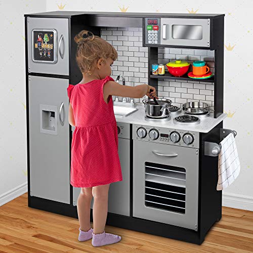Lil' Jumbl Kids Kitchen Set, Pretend Wooden Play Kitchen, Battery Operated Icemaker & Microwave With Realistic Sound, Pots & Pan Included - Charcoal #TOP6