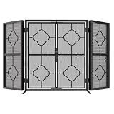 JKGHK Floor Standing Fireplace Screen with Doors, 4 Panel Foldable Wrought Iron Furnace Fireguards, Decorative Spark Guard-Black Metal Mesh Finish, for Living Room