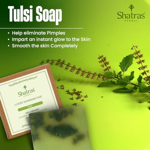 Image of Shatras Ayurvedic Handmade Premium Tulsi Bathing Soap | Herbal Soap for Acne-Prone Skin, Anti-Bacterial Care, Removes Dirt & Impurities | Suitable for All Skin Types (Pack of 3)