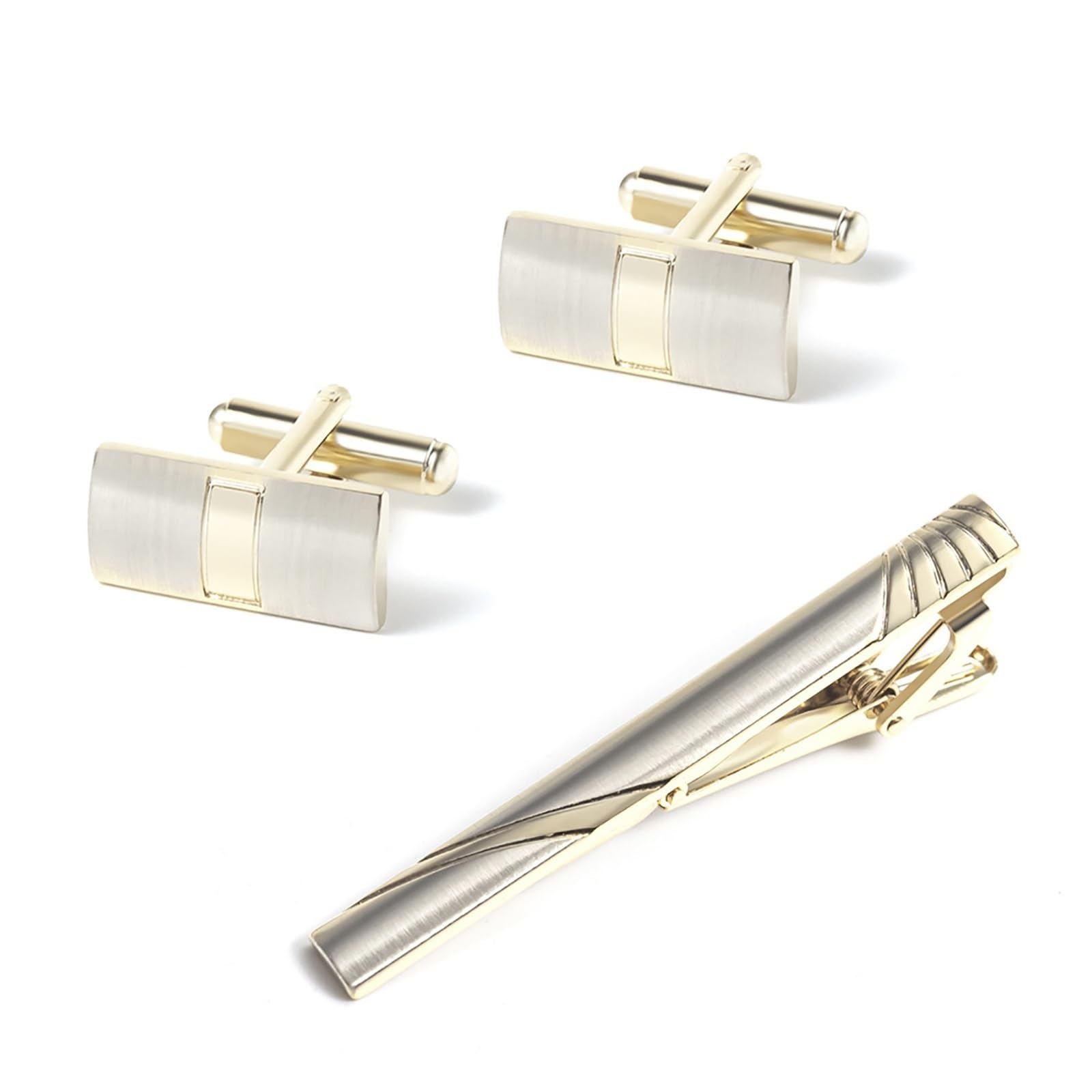 Gemelos y clip de corbata dorado en conjunto de pasador de solapa para camisa francesa de hombre