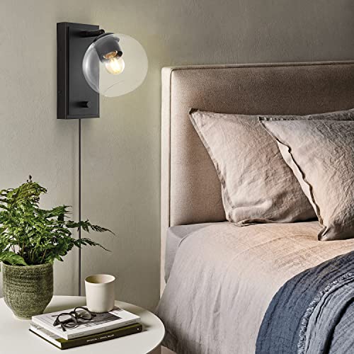 Image of JONATHAN Y 6 inch Oil Rubbed Bronze 1-Light Modern Wall Sconce, Plug-in or Hardwired LED Adjustable Wall Light with Dimmer Switch, Clear Glass Globe Shade, Mid-Century Lamp JYL7567A